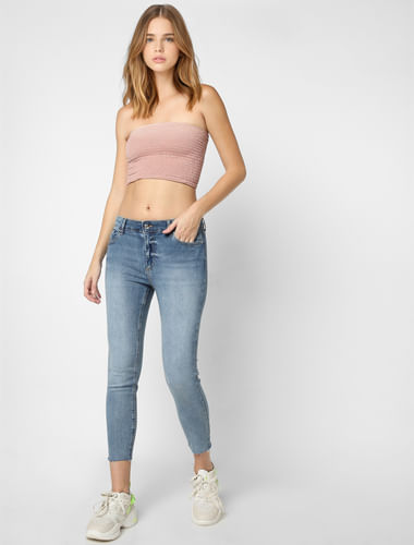 Blue Mid Rise Ankle Cropped Skinny Jeans 