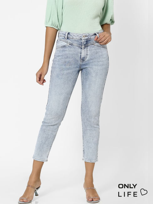 Light Blue Mid Rise Washed Straight Fit Jeans