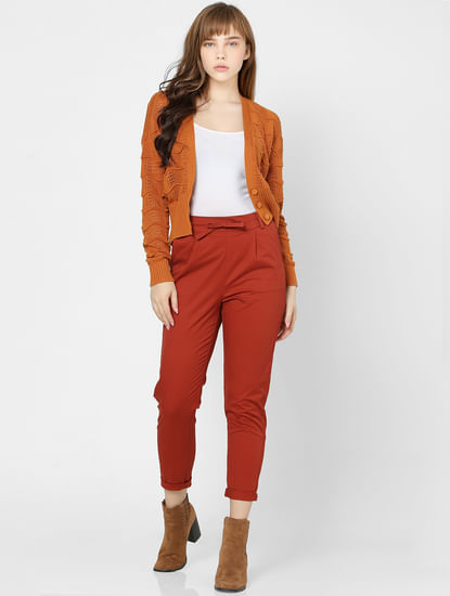 Brown High Rise Straight Fit Drawstring Pants