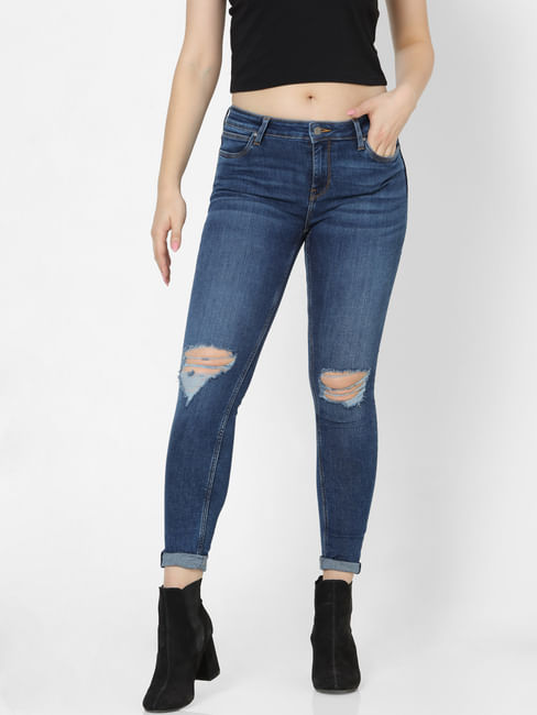 Blue Mid Rise Distressed Skinny Fit Jeans 