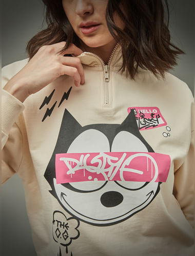 Only X Felix the Cat Beige Graphic Print Cropped Co-ord Sweatshirt