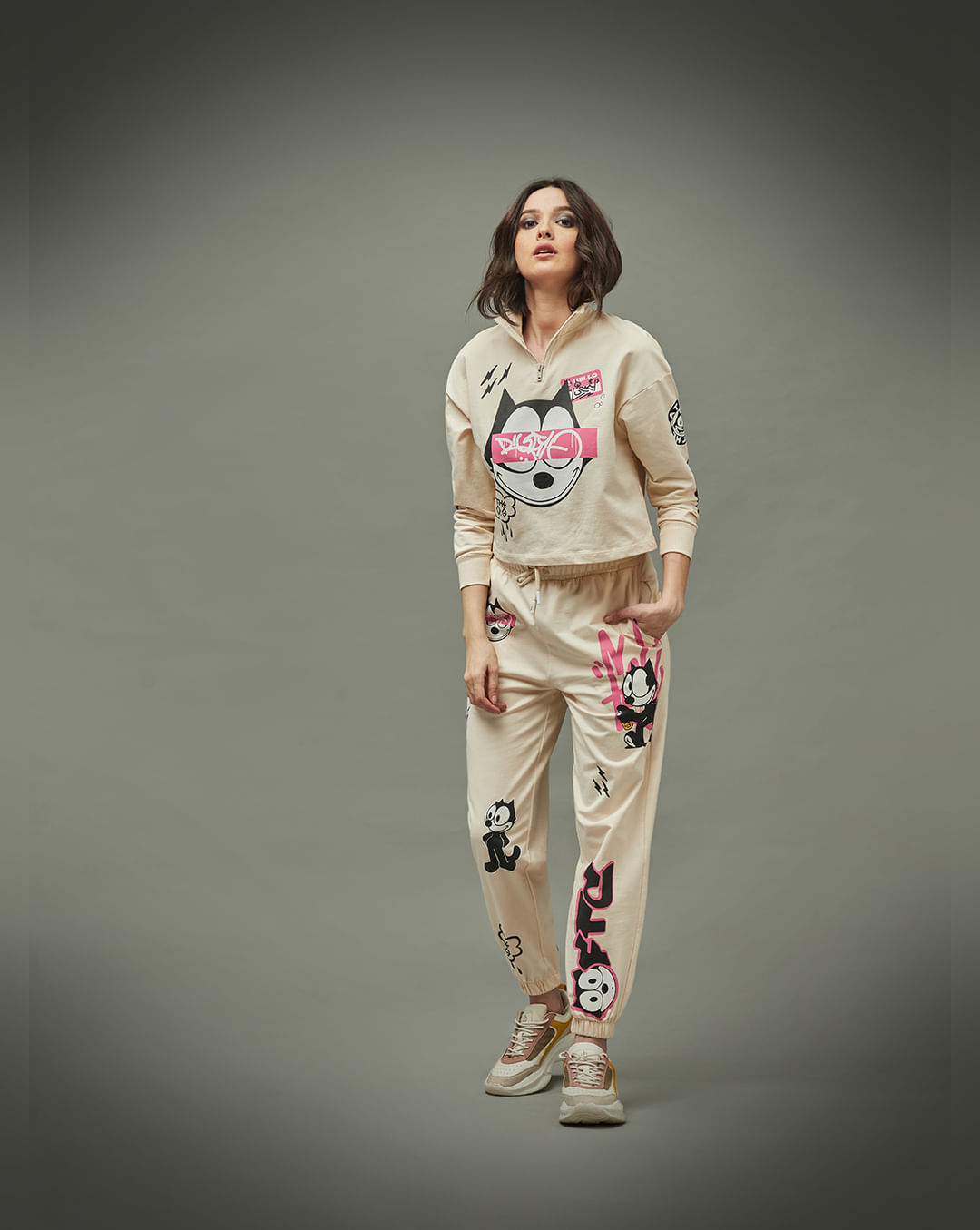 X Felix the Cat Beige High Rise Graphic Print Co-ord Joggers