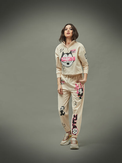 Only X Felix the Cat Beige High Rise Graphic Print Co-ord Joggers