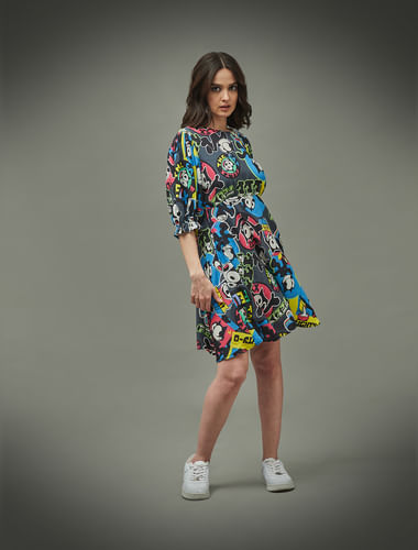 ONLY X Felix the Cat Black Printed Fit & Flare Dress