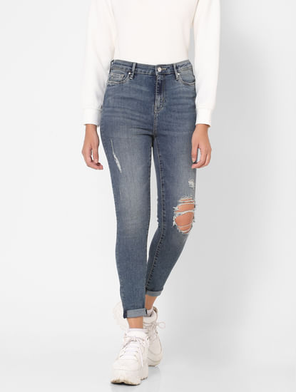 Blue Mid Rise Distressed Skinny Jeans 