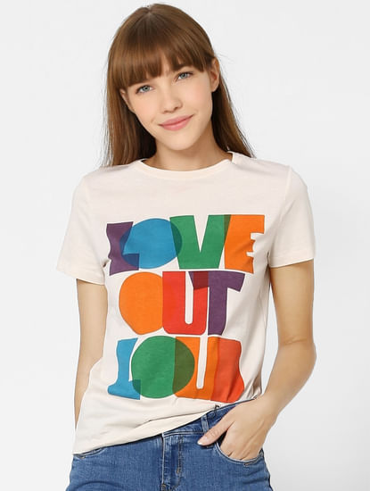 Beige Love Out Loud Text Print T-shirt
