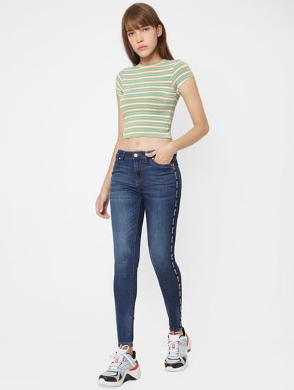 Blue Mid Rise Tape Detail Skinny Jeans 