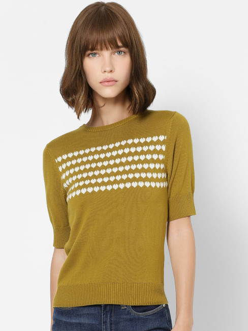 Mustard Heart Print Knit Top