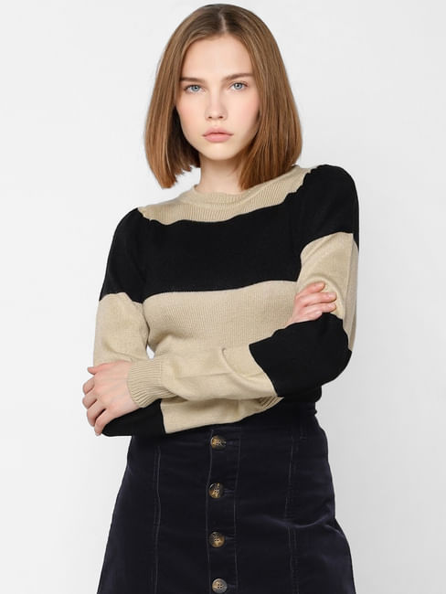 Beige Striped Knit Pullover