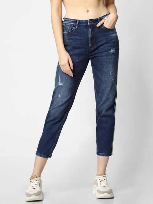 Blue Low Rise Tape Detail Straight Fit Jeans