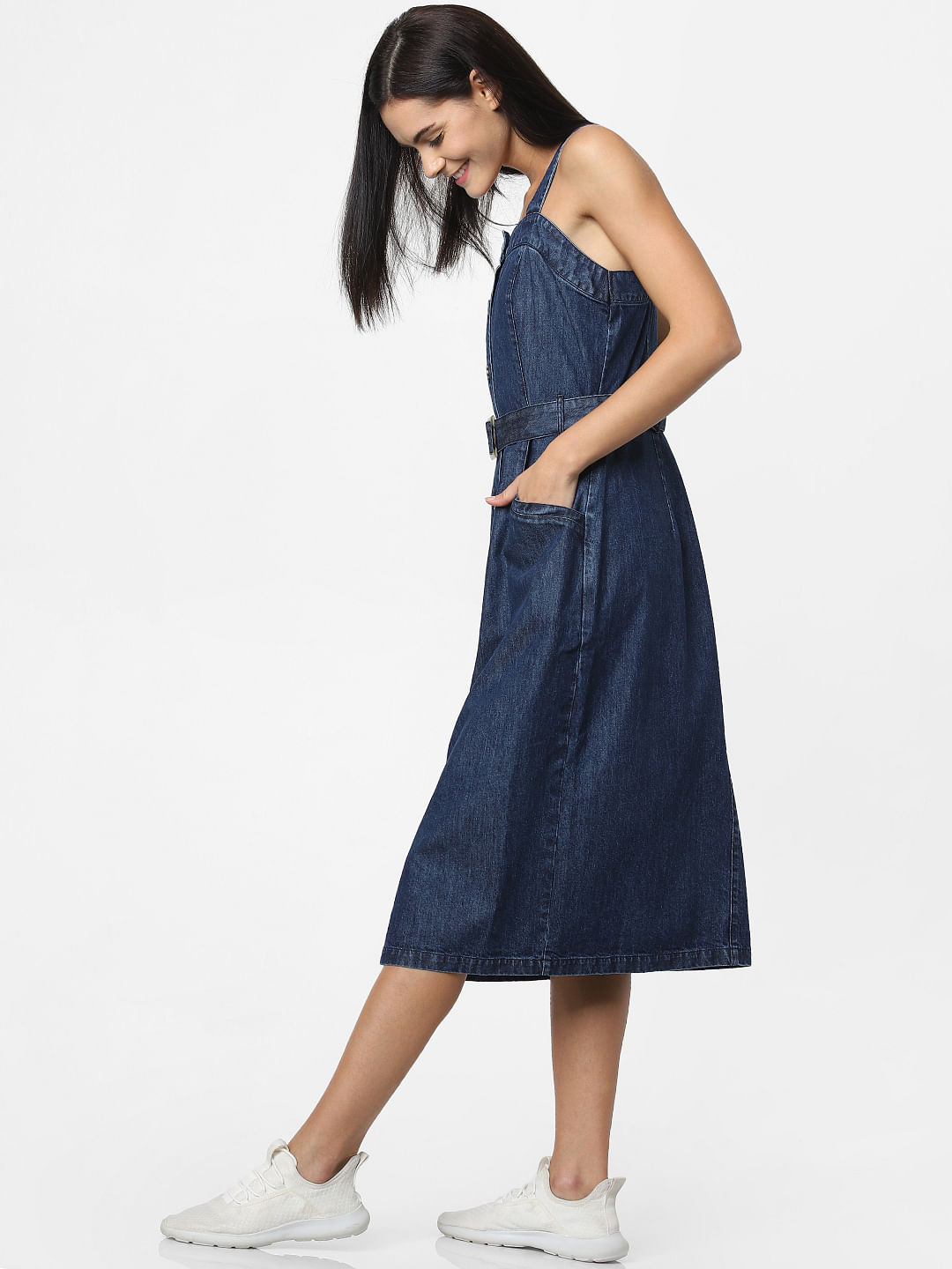 ASOS Asos Design Tall Denim Midi Dungaree Dress in Blue | Lyst Australia