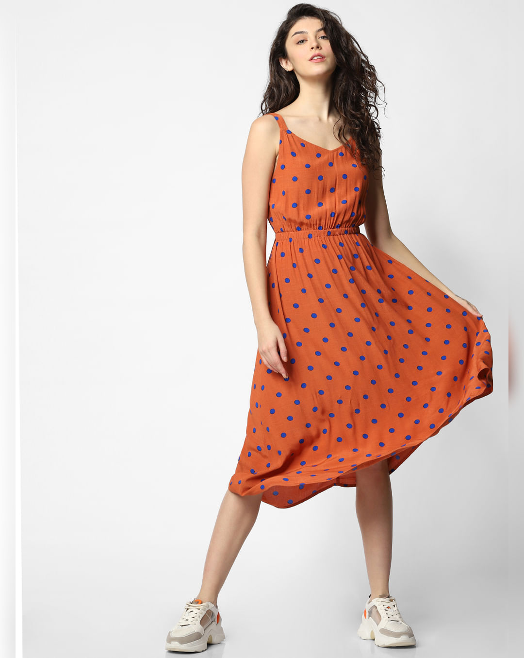Brown Polka Dot Print Summer Midi Dress For Women