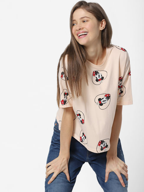 Beige Minnie Mouse Print T-shirt