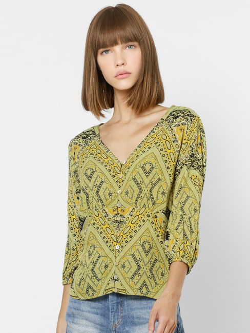 Green All Over Print V Neck Top