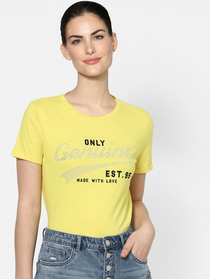 Yellow Embellished Text Print T-shirt