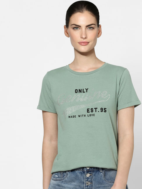Green Embellished Text Print T-shirt