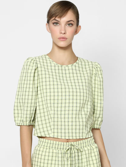 Green Check Puff Sleeve Top