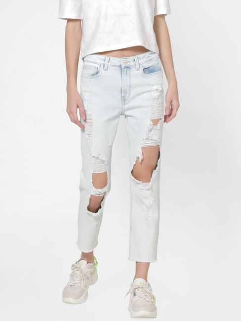 Light Blue High Rise Ripped Straight Jeans