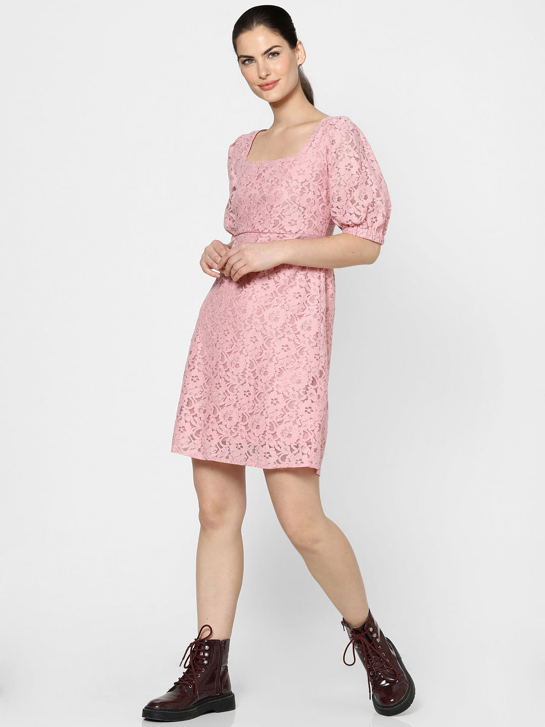 Women's Pink Fit And Flare Dress Long Sleeve Square Neck | Ally Fashion