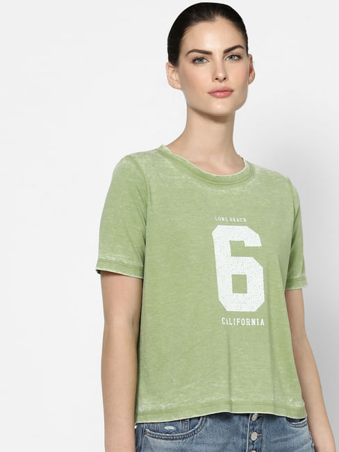 Green Washed Text Print T-shirt