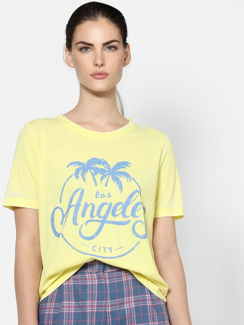 Yellow Washed Text Print T-shirt
