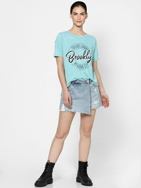 Blue Washed Text Print T-shirt
