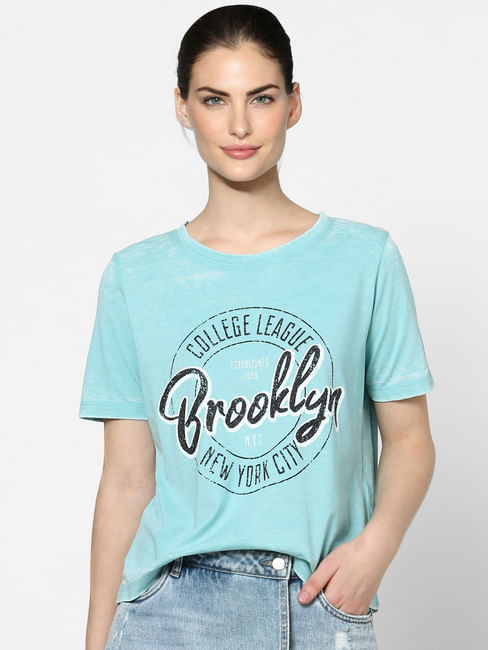 Blue Washed Text Print T-shirt