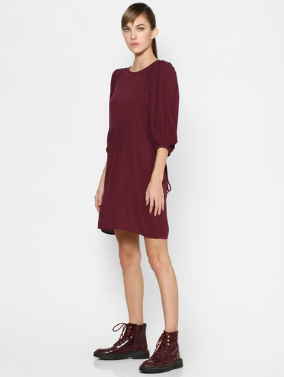 Maroon Puff Sleeves Fit & Flare Dress