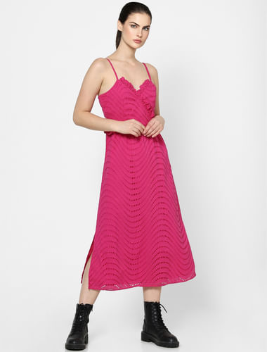 Pink Strappy Schiffli Midi Dress