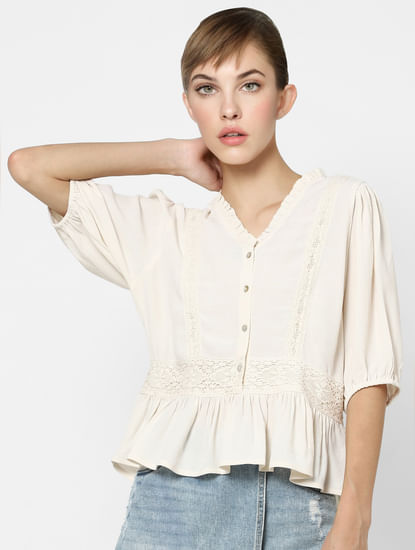 Off-White Lace Detail Peplum Top