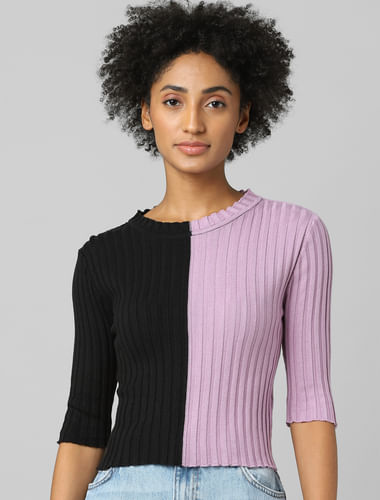 Black Colourblocked Ribbed Pullover