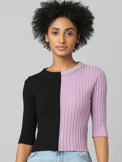 Black Colourblocked Ribbed Pullover
