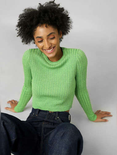 Green Ribbed Cropped Pullover