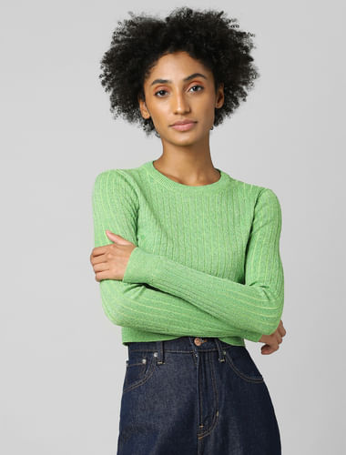 Green Ribbed Cropped Pullover