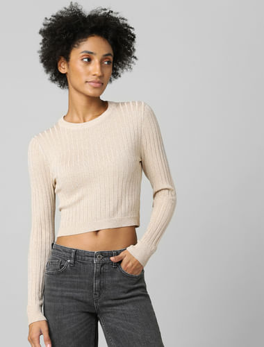 Light Brown Ribbed Cropped Pullover