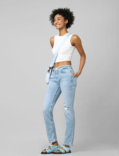 Light Blue Mid Rise Straight Fit Jeans