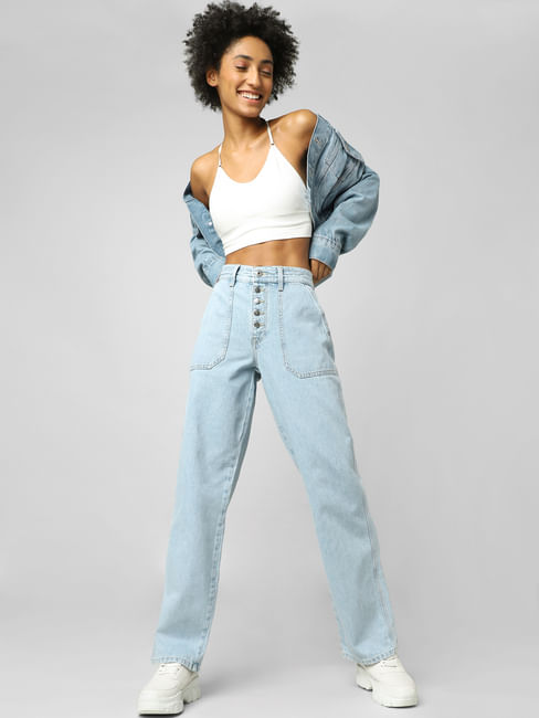 Light Blue High Rise Cargo Straight Jeans