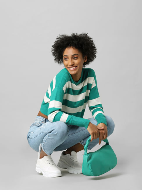 Green Striped Cropped Pullover