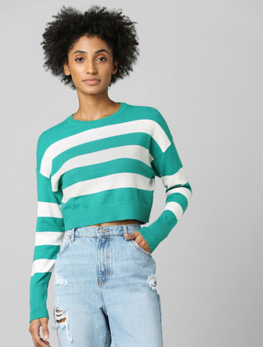 Green Striped Cropped Pullover
