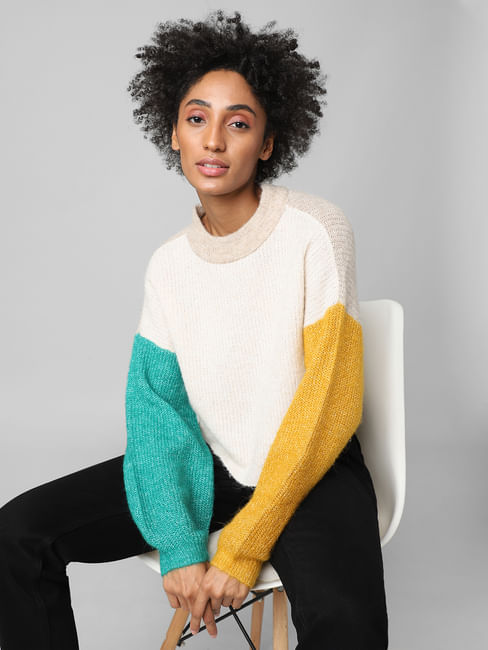 Beige Colourblocked Pullover