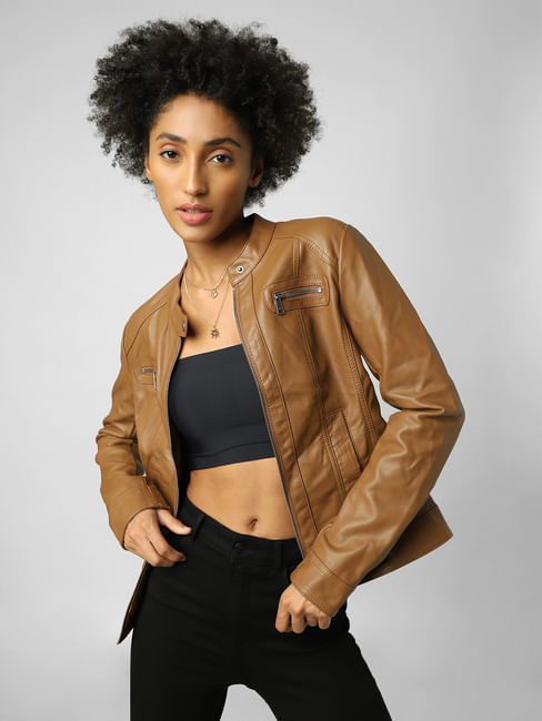Brown Faux Leather Biker Jacket