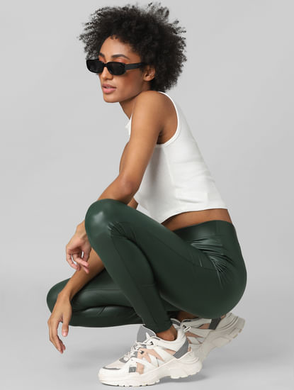 Green High Rise Faux Leather Leggings
