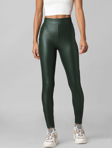 Green High Rise Faux Leather Leggings