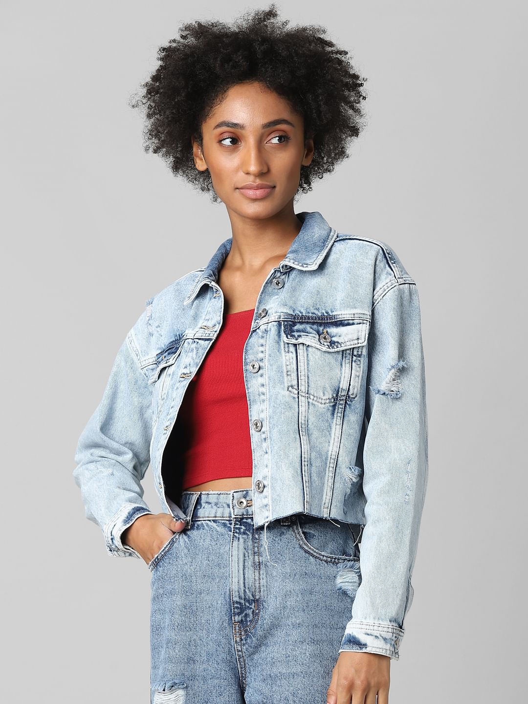 Buy Twenty Dresses by Nykaa Fashion Blue Light Wash Frayed Denim Jacket  Online