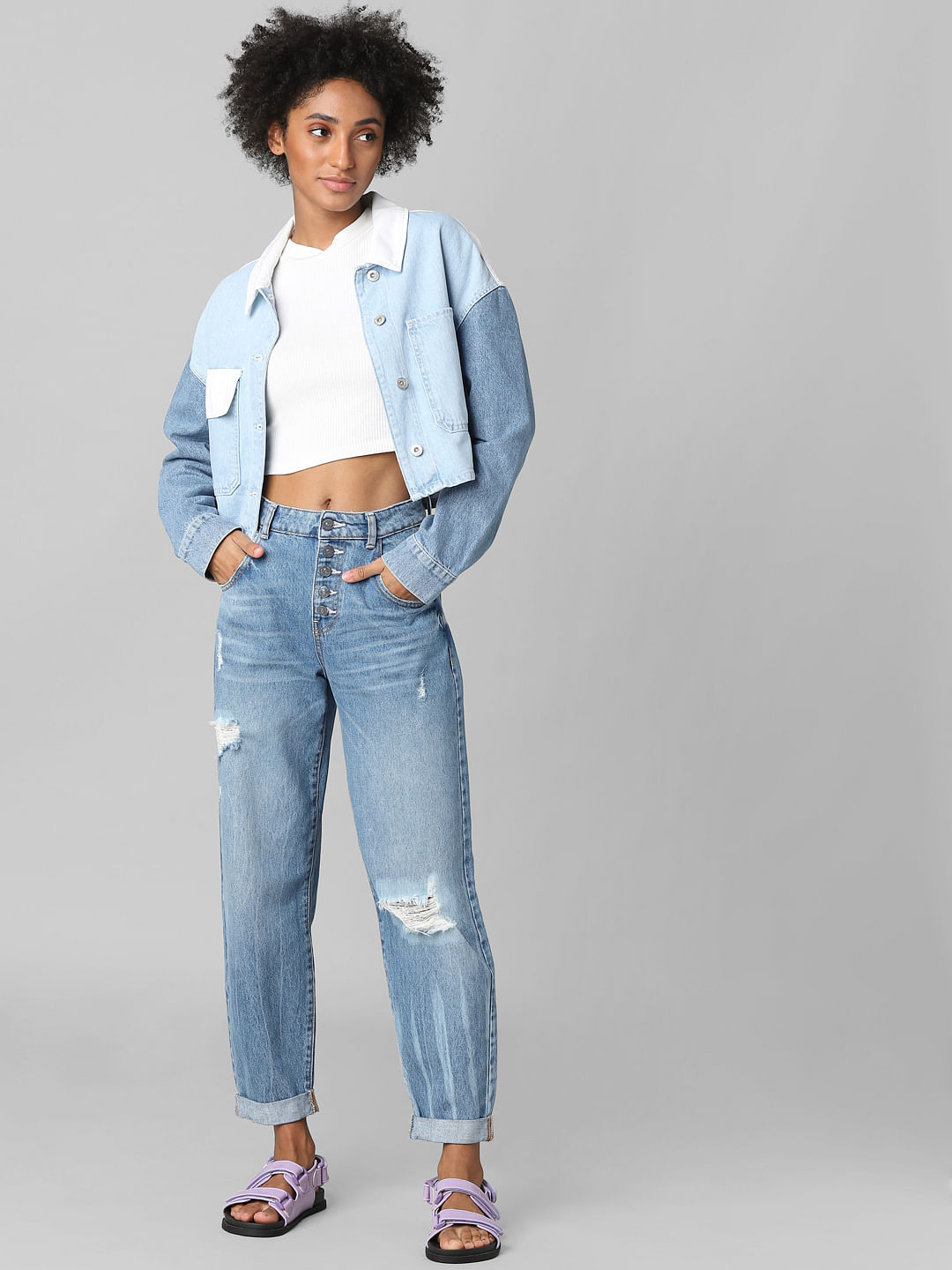 Buy Zip-up Cropped Blue Denim Jacket for Women Online in India