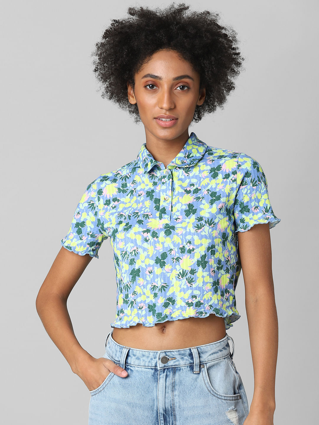 Blue Floral Print Polo T shirt