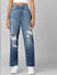 Blue High Rise Distressed Straight Jeans