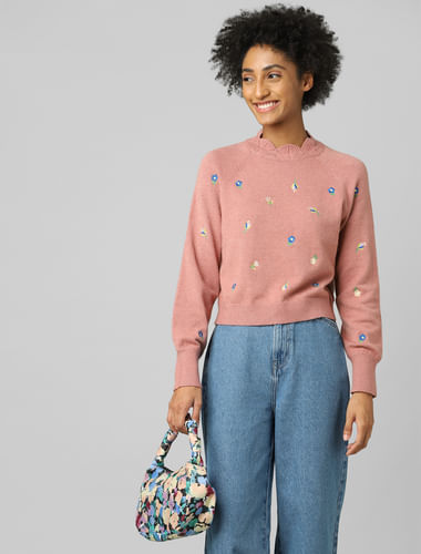 Pink Embroidered Pullover
