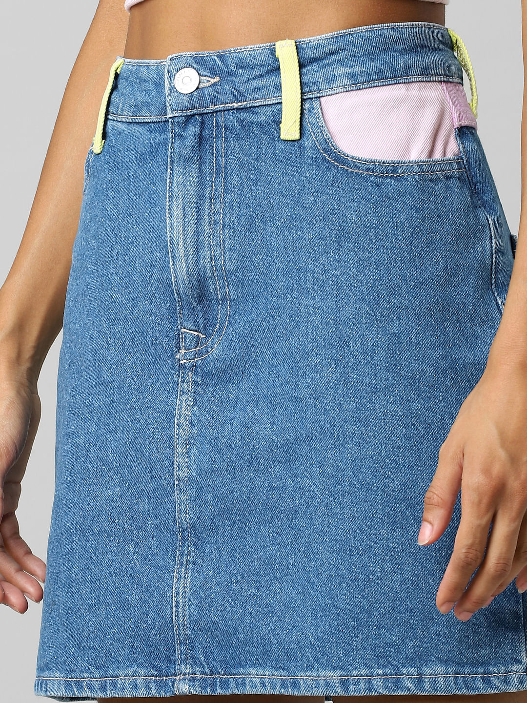 Side Split Slash Pocket Denim Skirt Washed Blue Zipper - Temu
