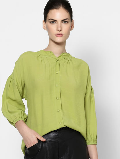 Green Drop Shoulder Puff Sleeves Shirt 